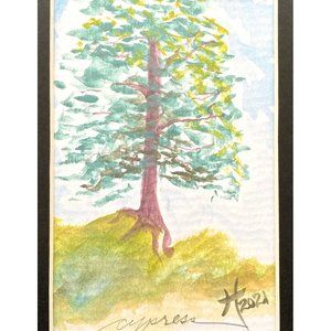 Cypress - Original Wall Art Watercolor Painting Black Mat Frame Ready 8”x10”